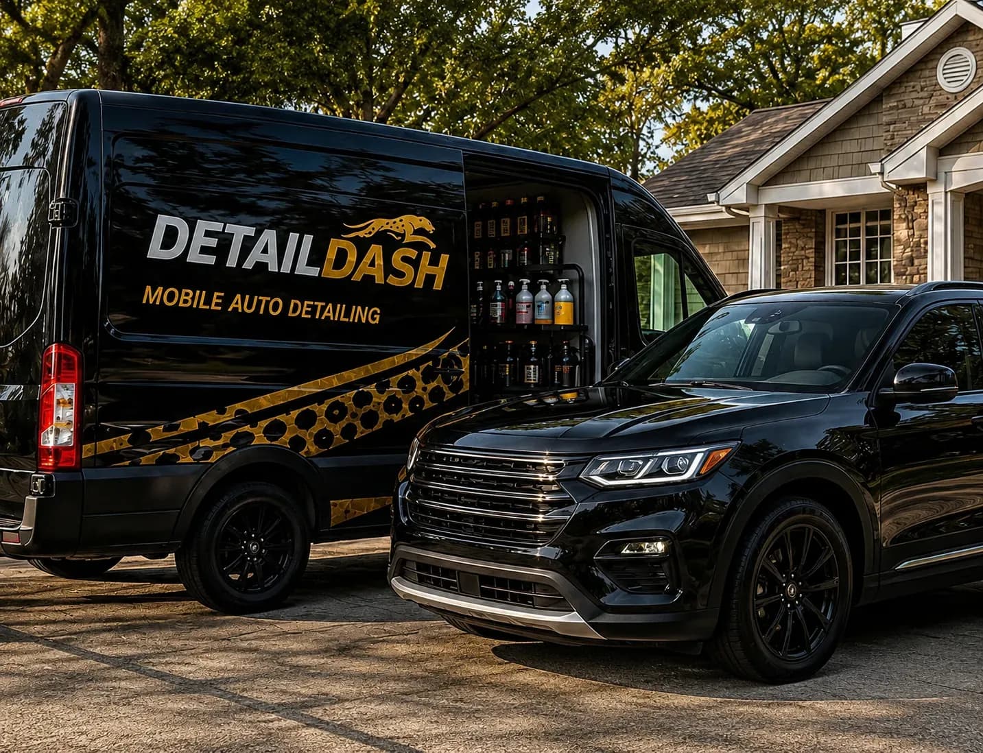 Detail Dash mobile detailing van fully stocked, parked beside a client's SUV